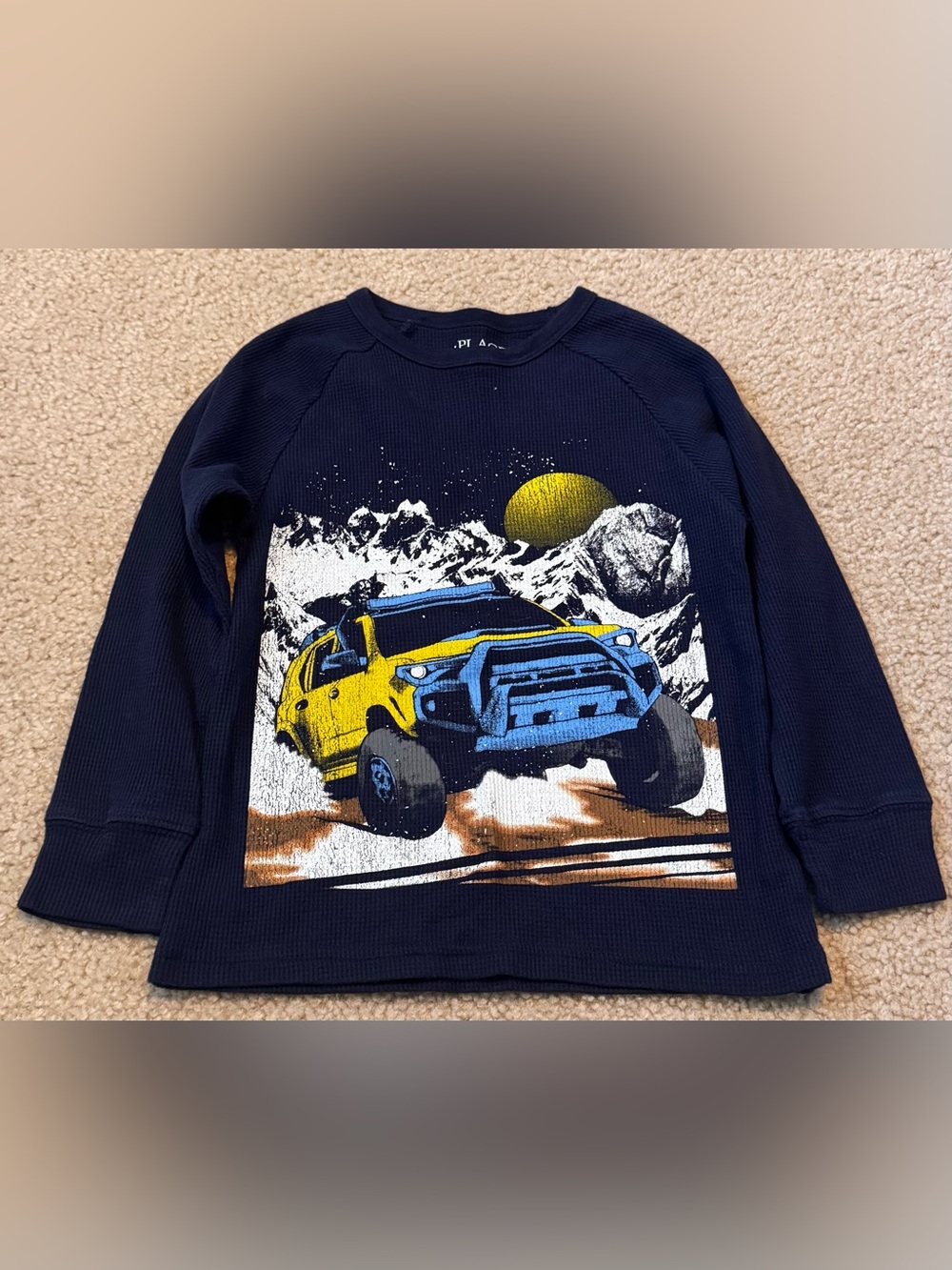Navy Long-Sleeve Tee with Yellow & Blue Truck Graphic Size S (5/6)